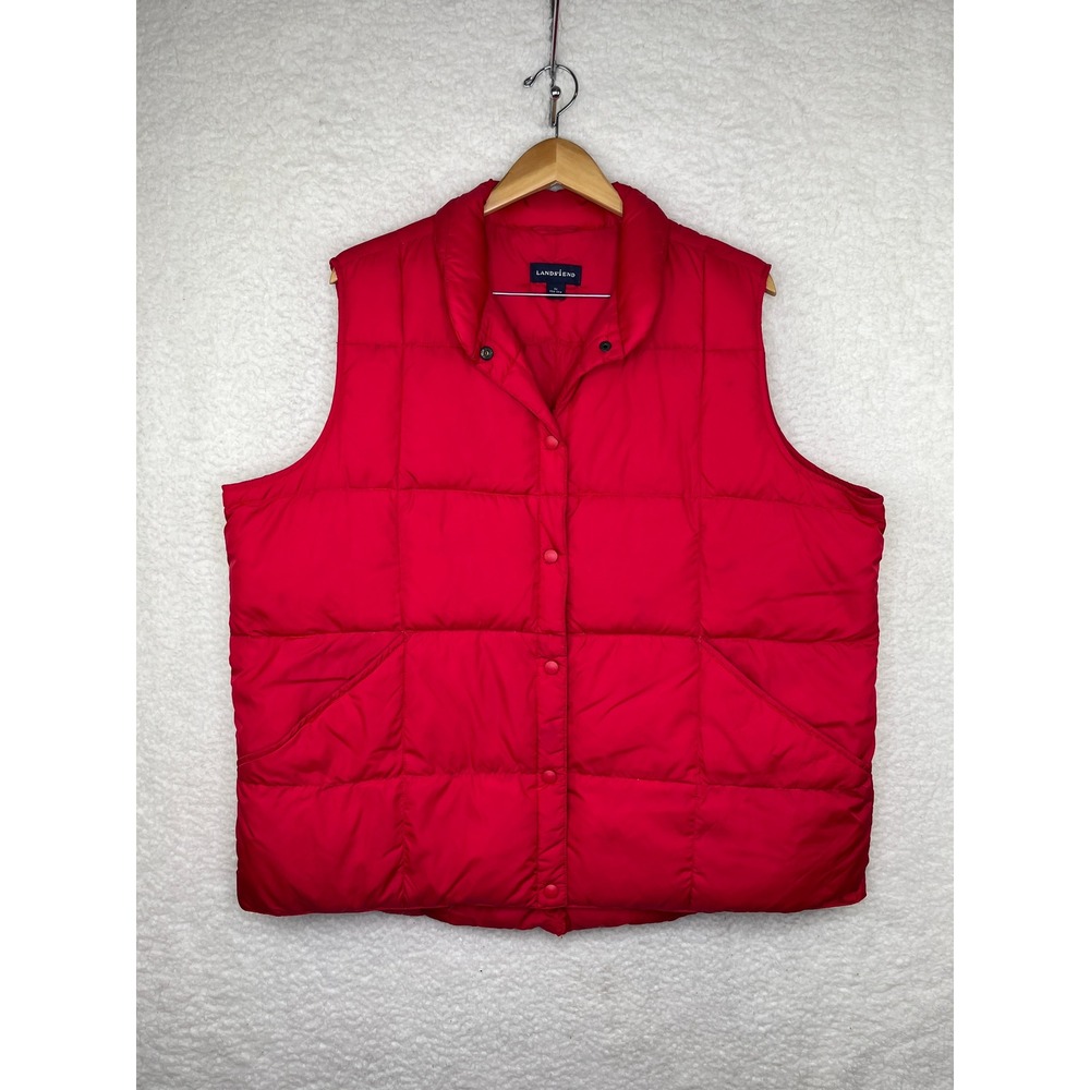 Lands End Womens 2X Red Puffer Vest Goose Down Quilted Snap Front Outerwear